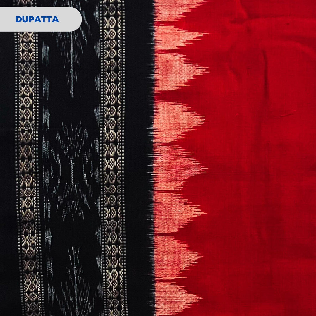 Sambalpuri Pure Cotton | Dress Set (3 Pieces) - Black and Red - Taalapatra