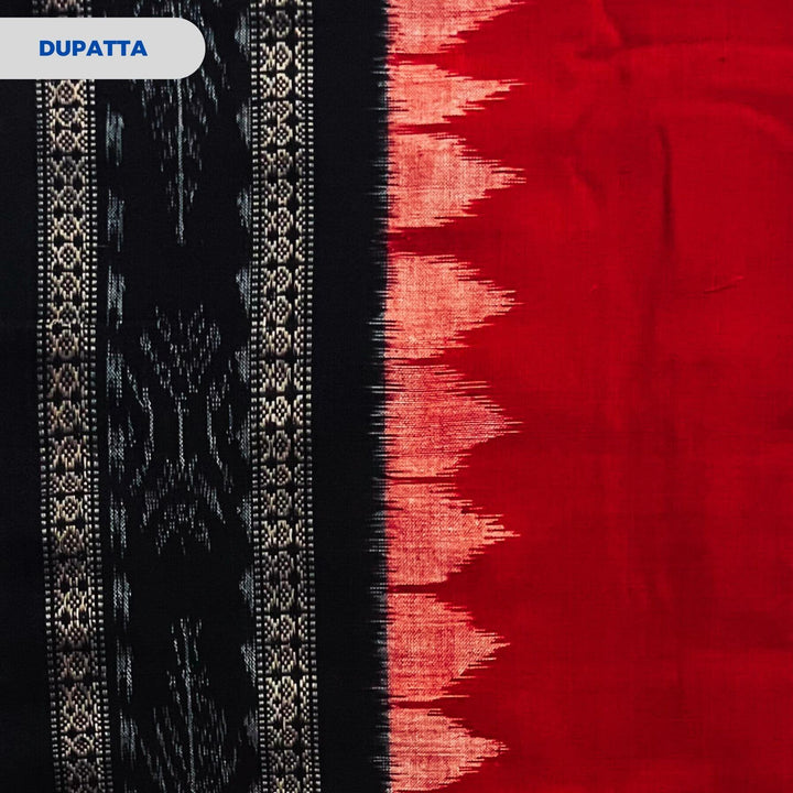 Sambalpuri Pure Cotton | Dress Set (3 Pieces) - Black and Red - Taalapatra