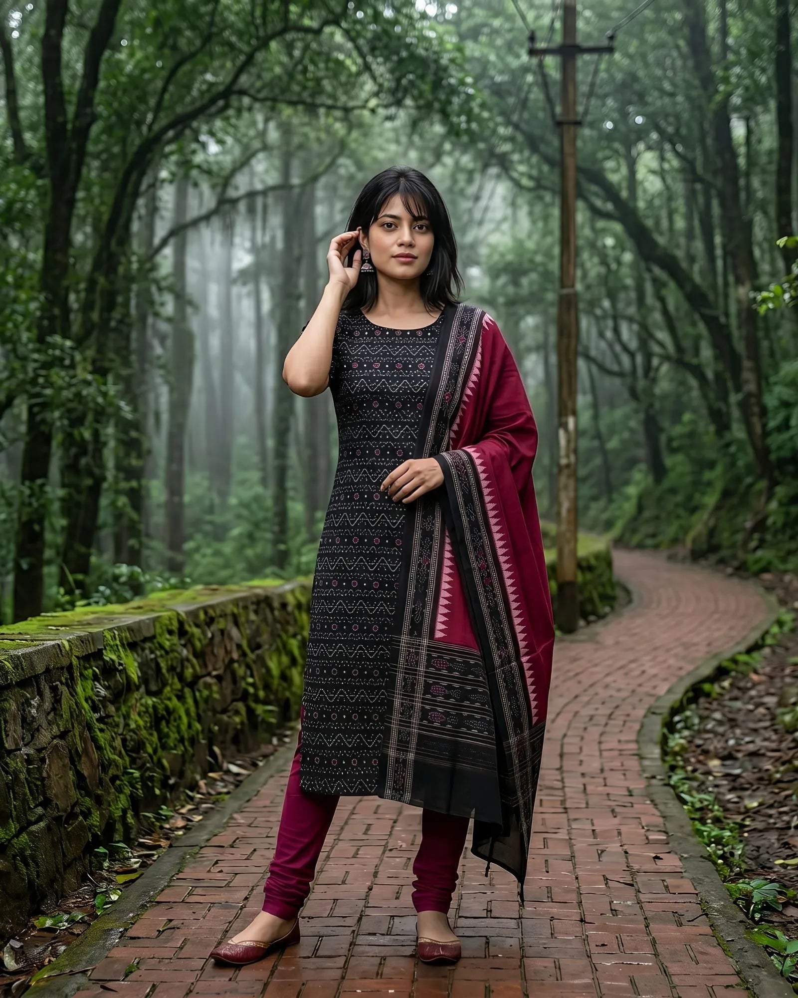 Sambalpuri Pure Cotton | Unstitched Dress Set (3 Pieces) - Black and Red