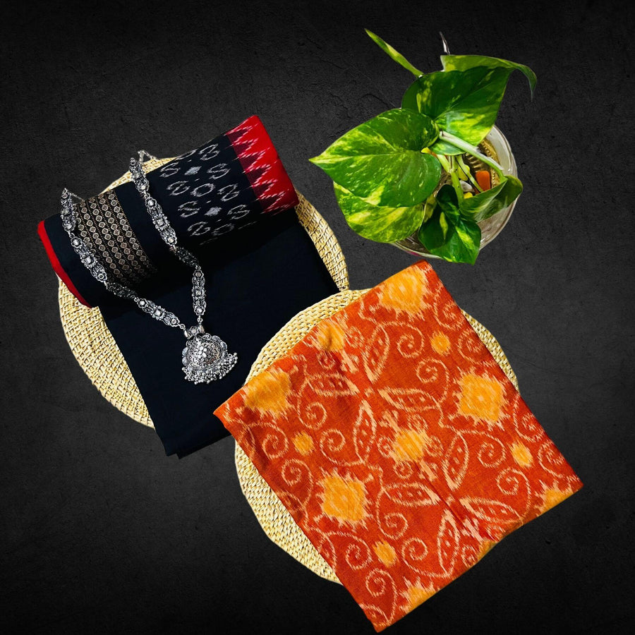 Sambalpuri Pure Cotton | Dress Set (3 Pieces) - Orange and Black - Taalapatra