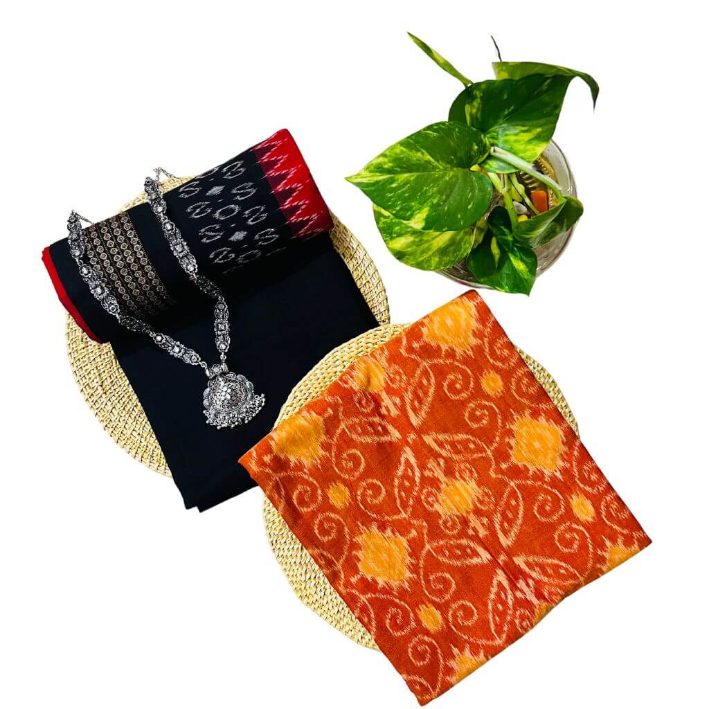 Sambalpuri Pure Cotton | Dress Set (3 Pieces) - Orange and Black - Taalapatra