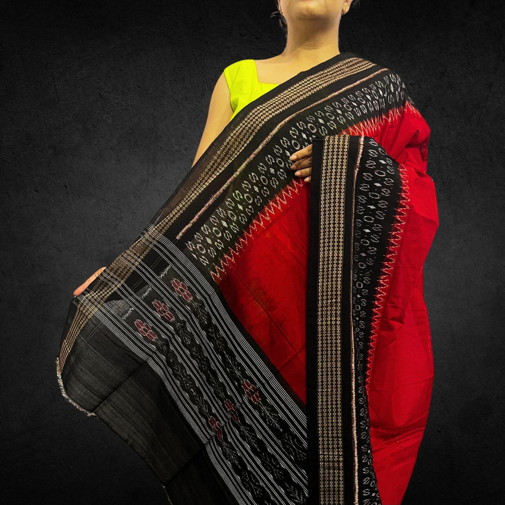 Sambalpuri Pure Cotton | Dress Set (3 Pieces) - Orange and Black - Taalapatra