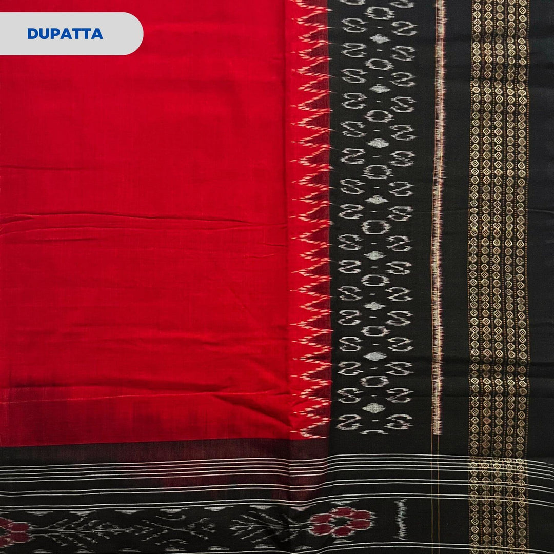 Sambalpuri Pure Cotton | Dress Set (3 Pieces) - Orange and Black - Taalapatra
