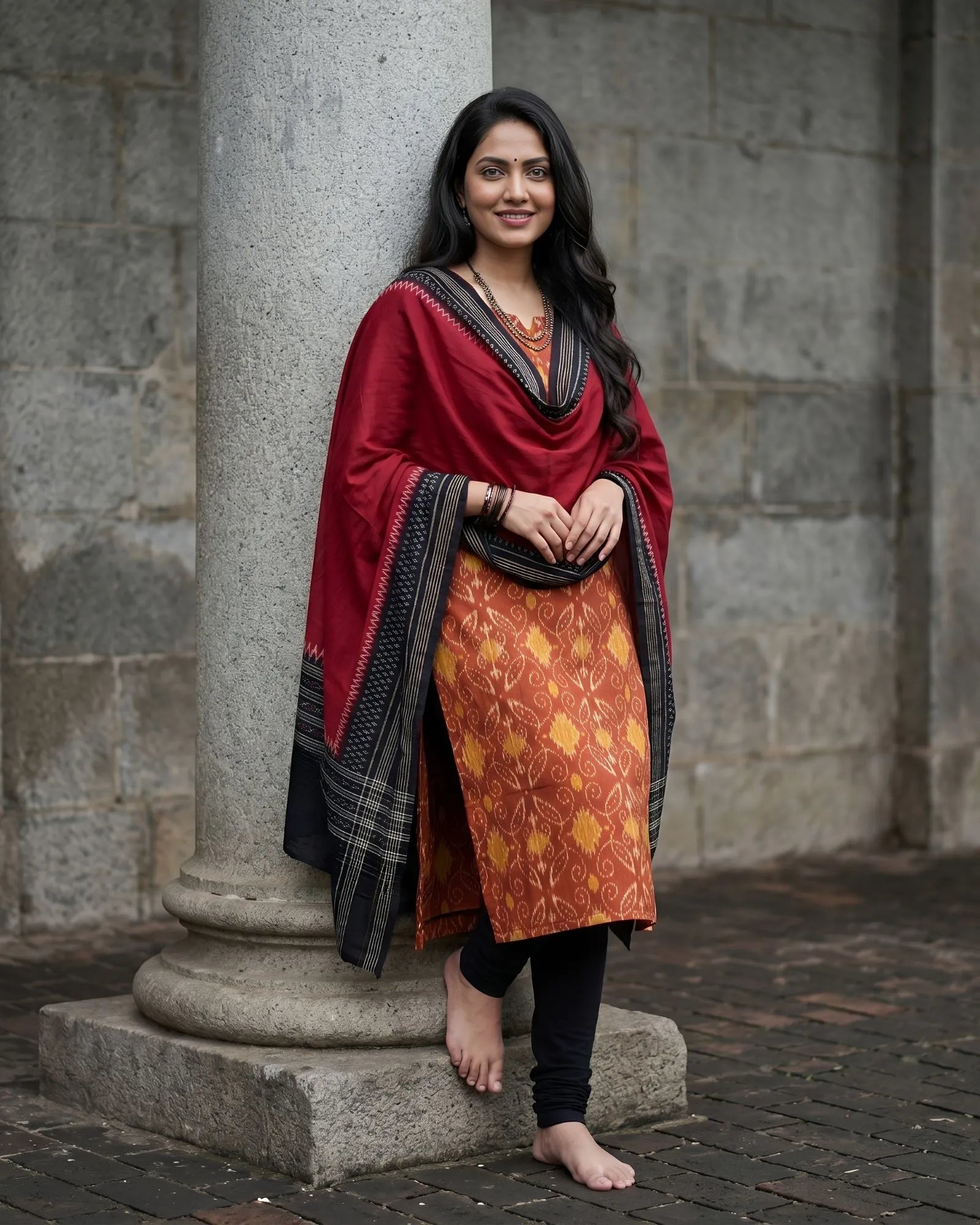 Sambalpuri Pure Cotton | Unstitched Dress Set (3 Pieces) - Orange and Black