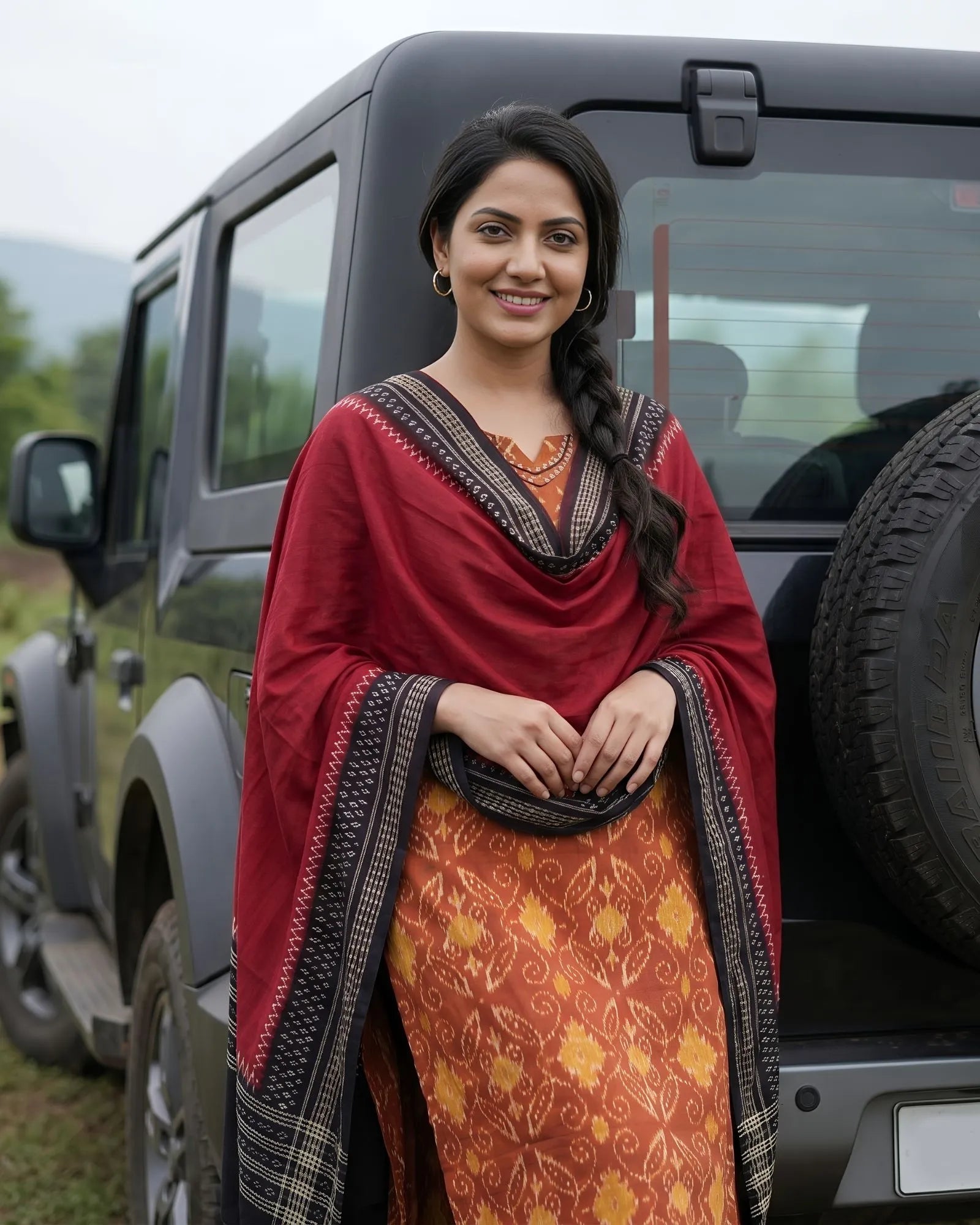 Sambalpuri Pure Cotton | Unstitched Dress Set (3 Pieces) - Orange and Black