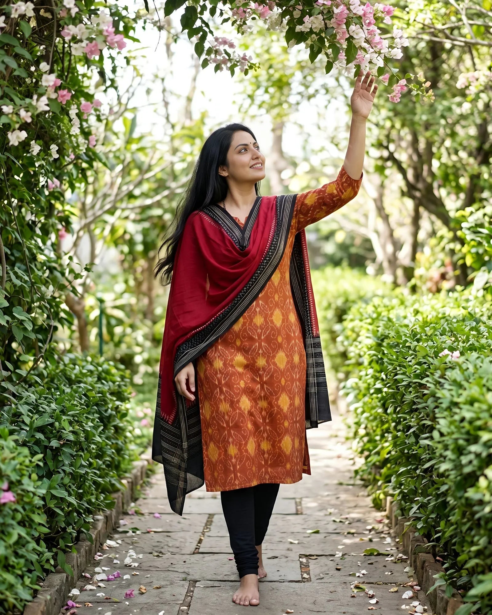 Sambalpuri Pure Cotton | Unstitched Dress Set (3 Pieces) - Orange and Black