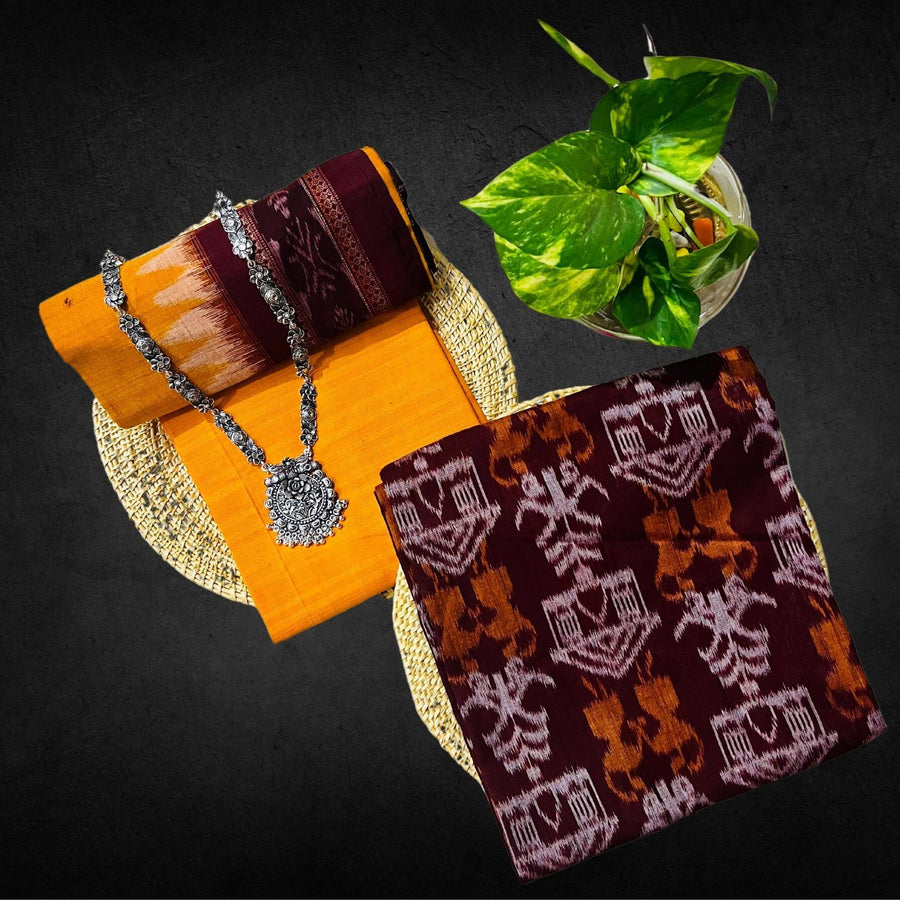 Sambalpuri Pure Cotton | Dress Set (3 Pieces) - Maroon and Fire Yellow - Taalapatra