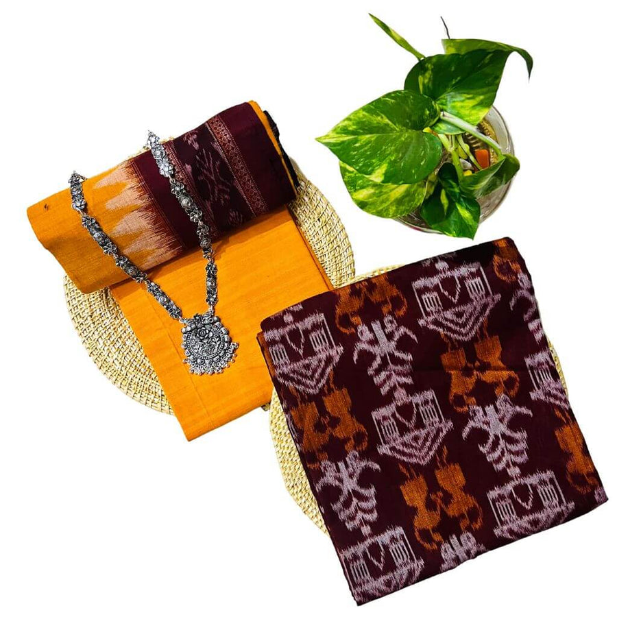Sambalpuri Pure Cotton | Dress Set (3 Pieces) - Maroon and Fire Yellow - Taalapatra