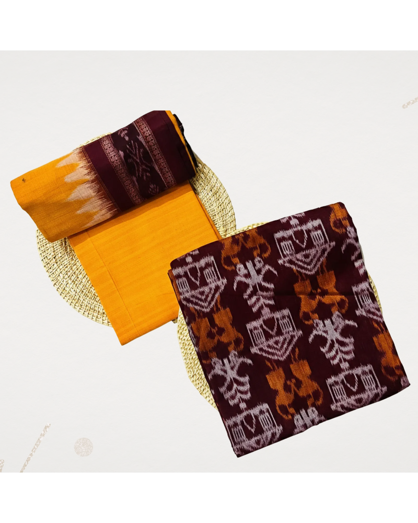 Sambalpuri Pure Cotton Dress Set (3 Pieces) - Maroon and Fire Yellow