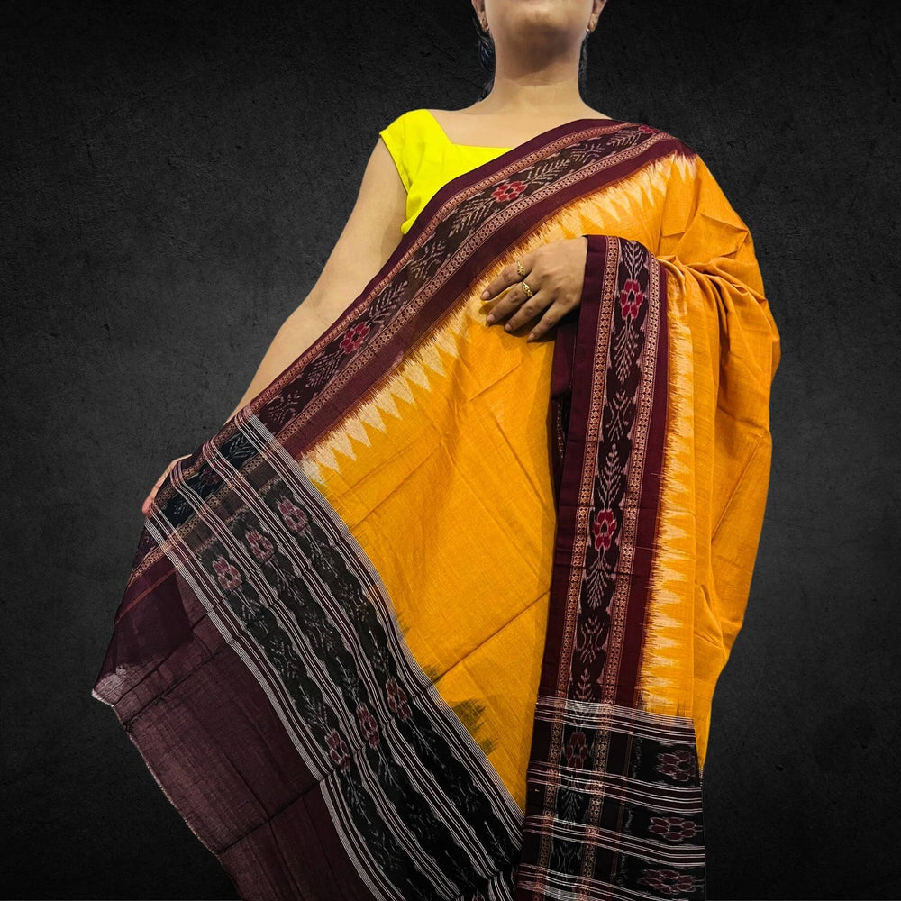 Sambalpuri Pure Cotton | Dress Set (3 Pieces) - Maroon and Fire Yellow - Taalapatra