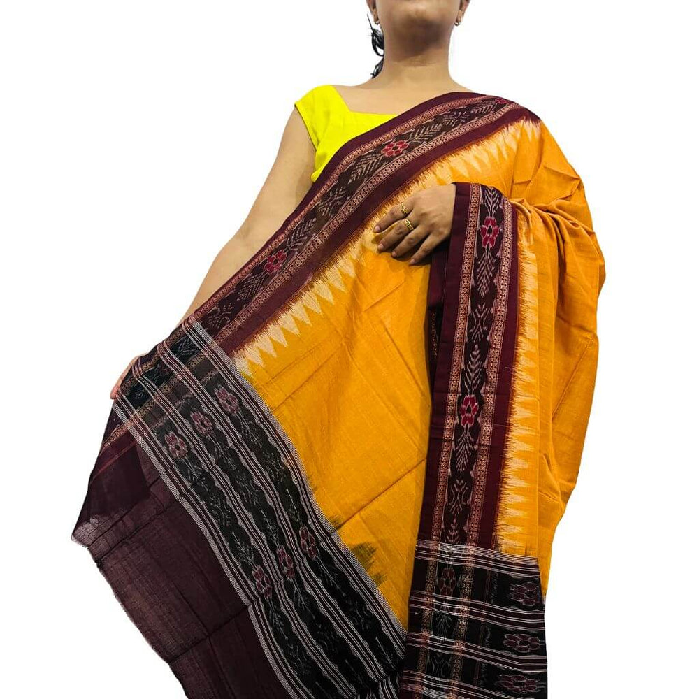 Sambalpuri Pure Cotton | Dress Set (3 Pieces) - Maroon and Fire Yellow - Taalapatra