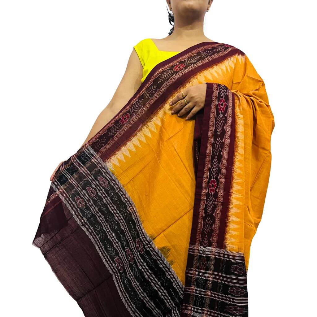 Sambalpuri Pure Cotton | Dress Set (3 Pieces) - Maroon and Fire Yellow - Taalapatra