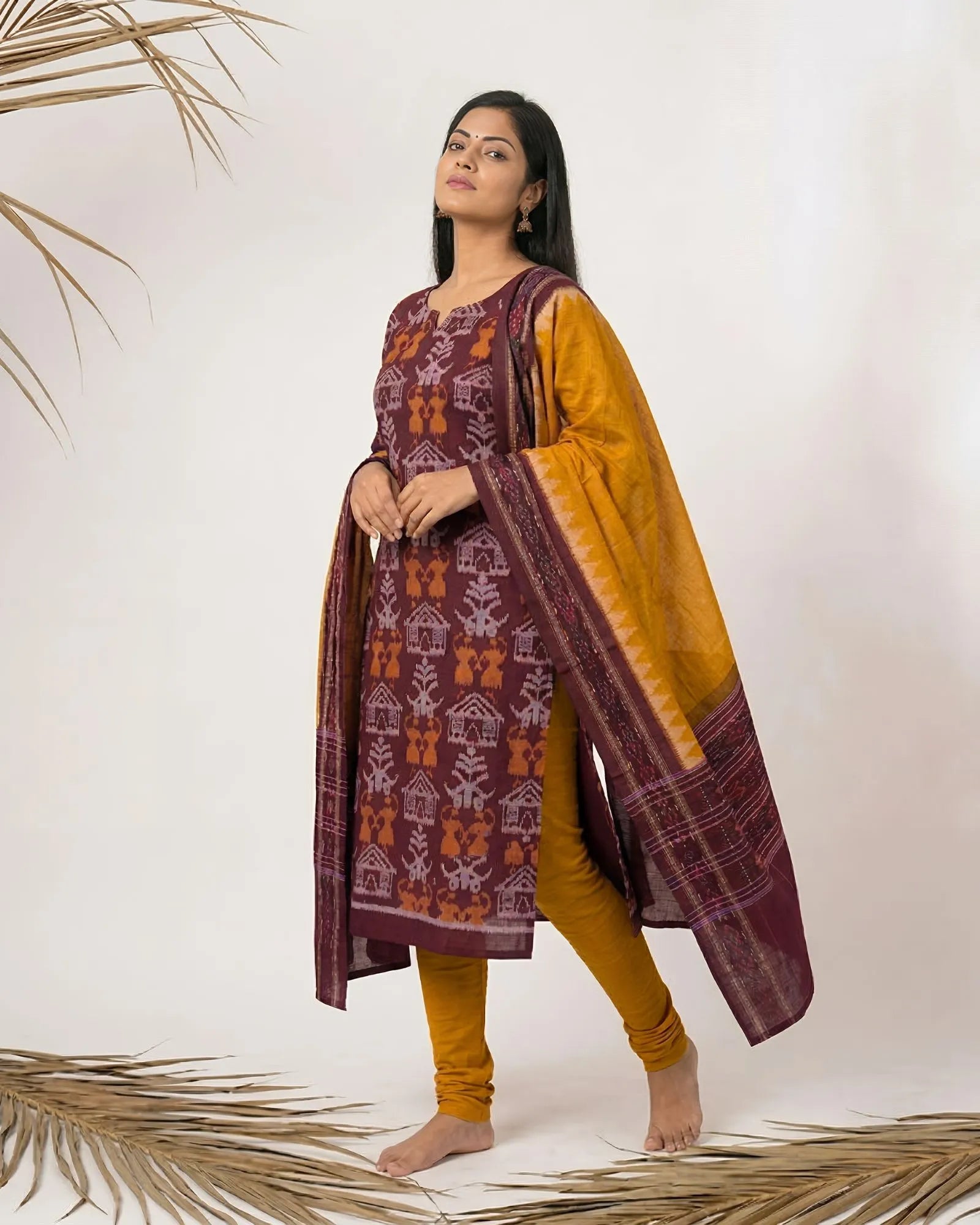 Sambalpuri Pure Cotton Dress Set (3 Pieces) - Maroon and Fire Yellow