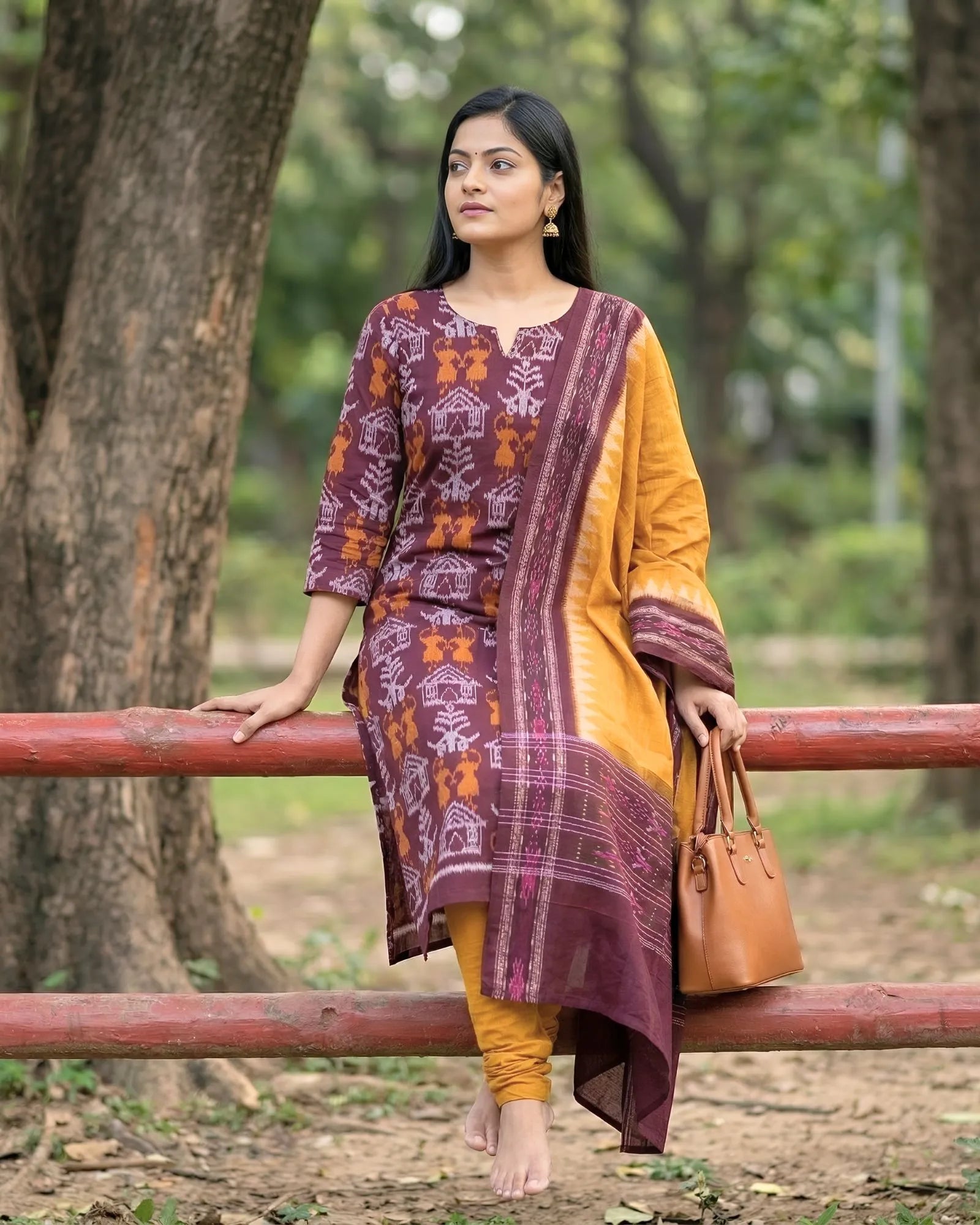 Sambalpuri Pure Cotton Dress Set (3 Pieces) - Maroon and Fire Yellow