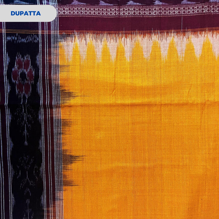 Sambalpuri Pure Cotton | Dress Set (3 Pieces) - Maroon and Fire Yellow - Taalapatra