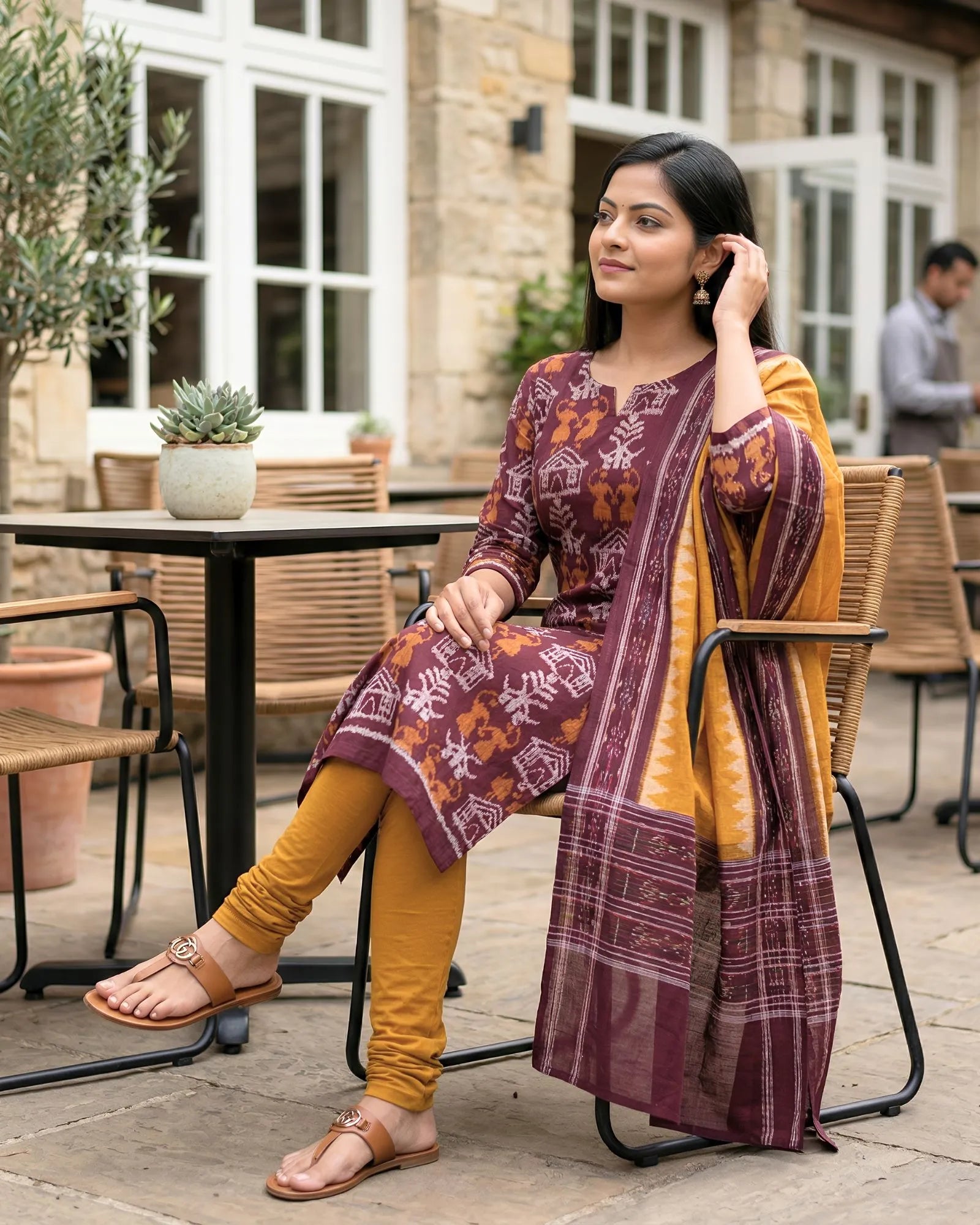 Sambalpuri Pure Cotton Dress Set (3 Pieces) - Maroon and Fire Yellow