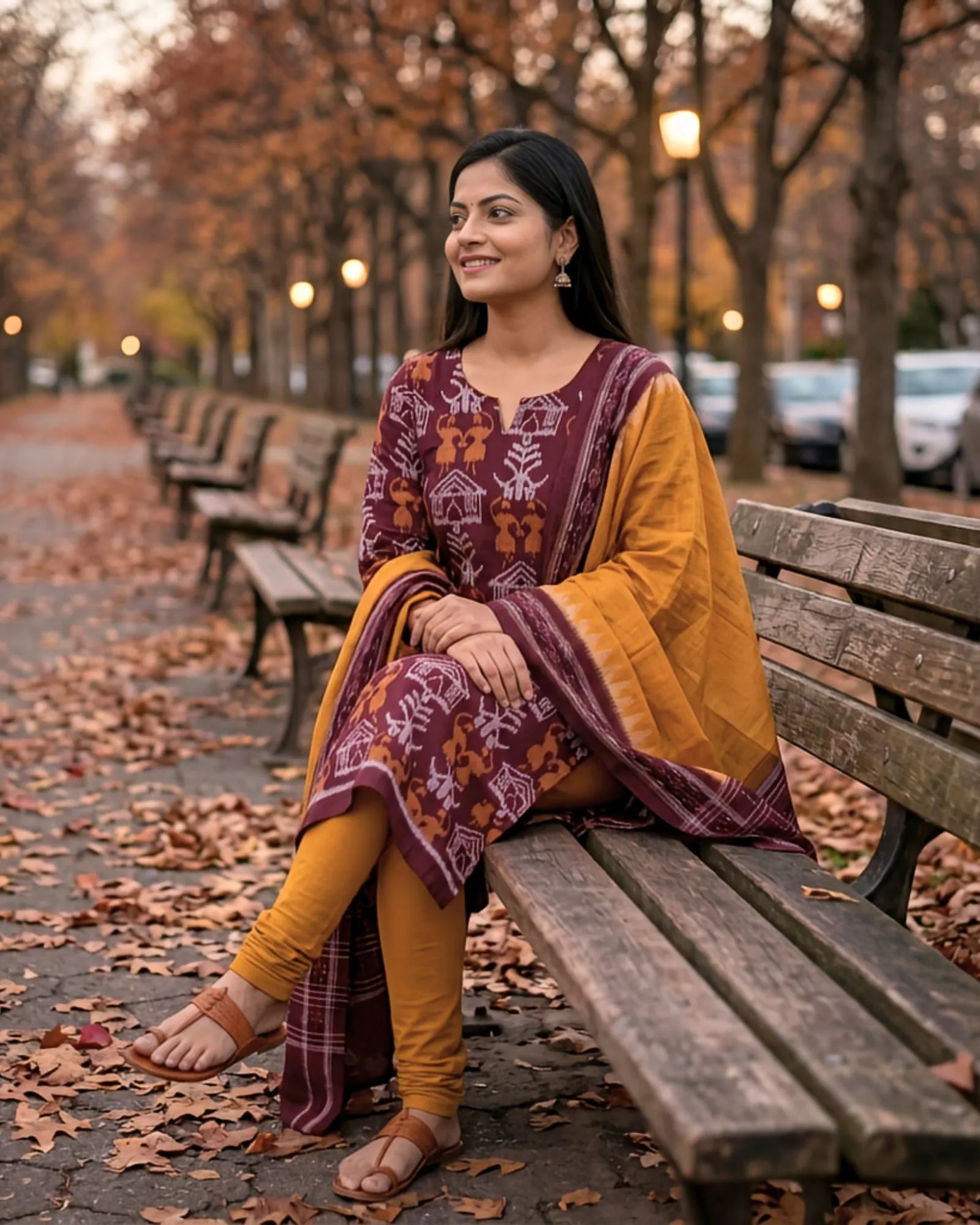 Sambalpuri Pure Cotton Dress Set (3 Pieces) - Maroon and Fire Yellow