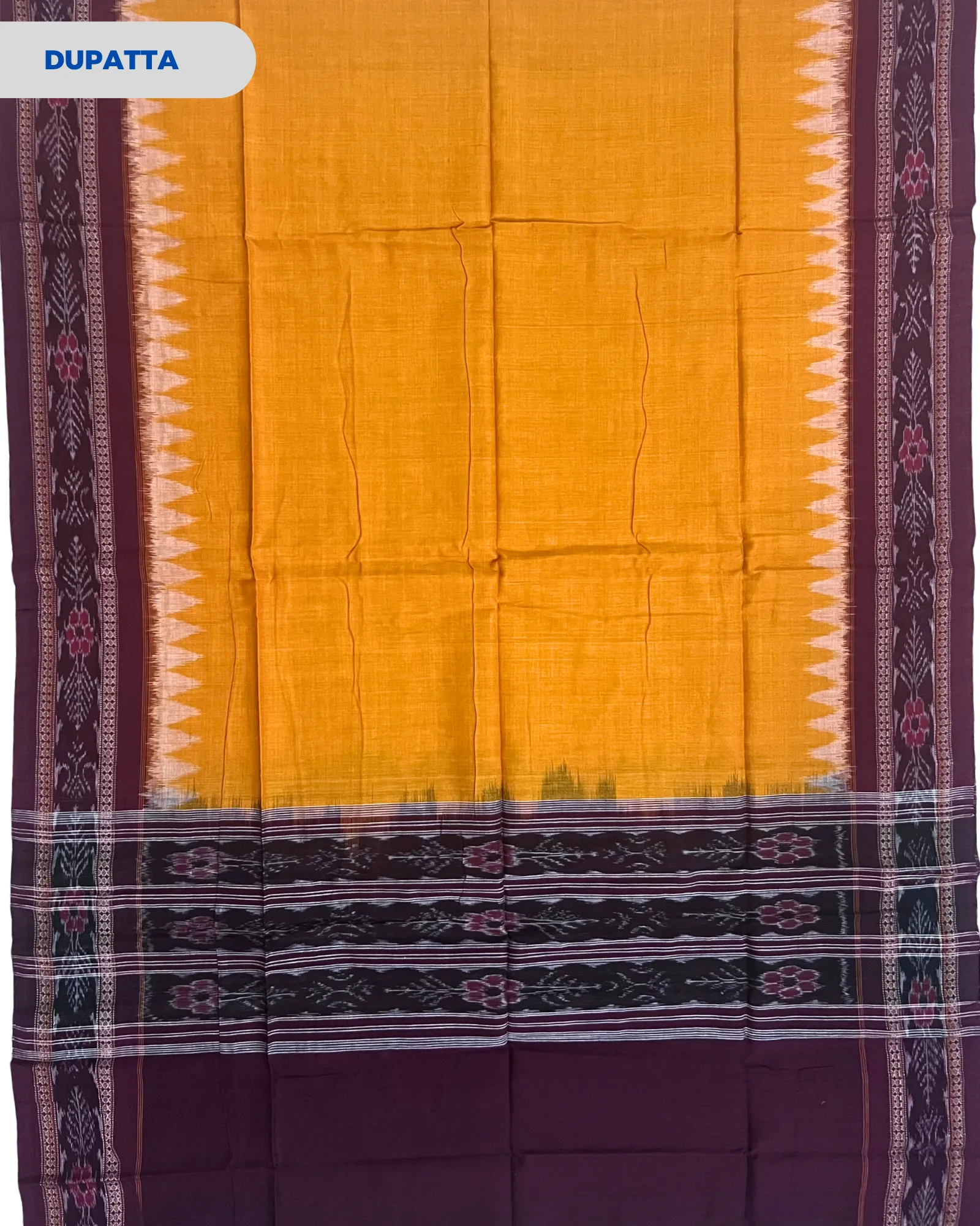 Sambalpuri Pure Cotton Dress Set (3 Pieces) - Maroon and Fire Yellow