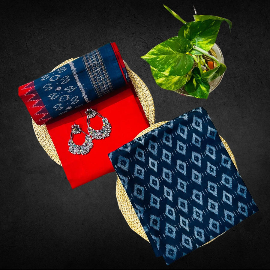 Sambalpuri Pure Cotton | Dress Set (3 Pieces) - Red and Dark Teal - Taalapatra