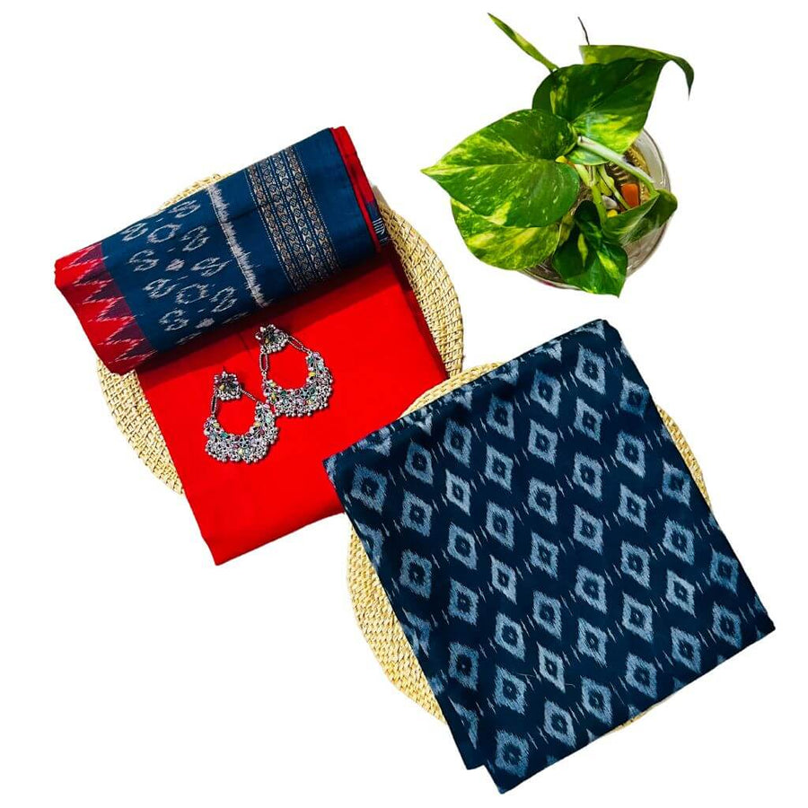 Sambalpuri Pure Cotton | Dress Set (3 Pieces) - Red and Dark Teal - Taalapatra