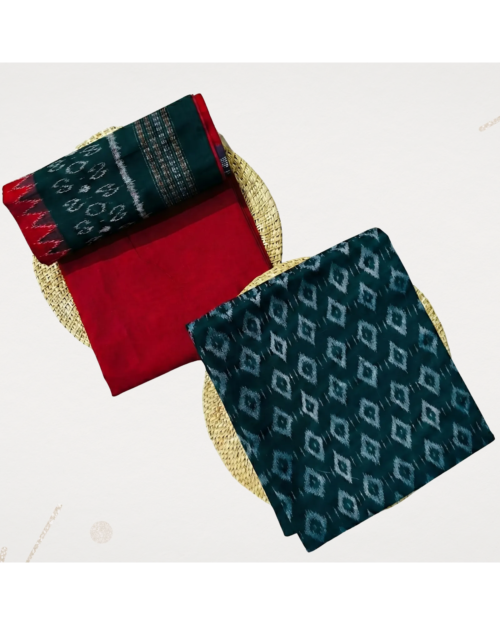 Sambalpuri Pure Cotton | Unstitched Dress Set (3 Pieces) - Red and Dark Teal