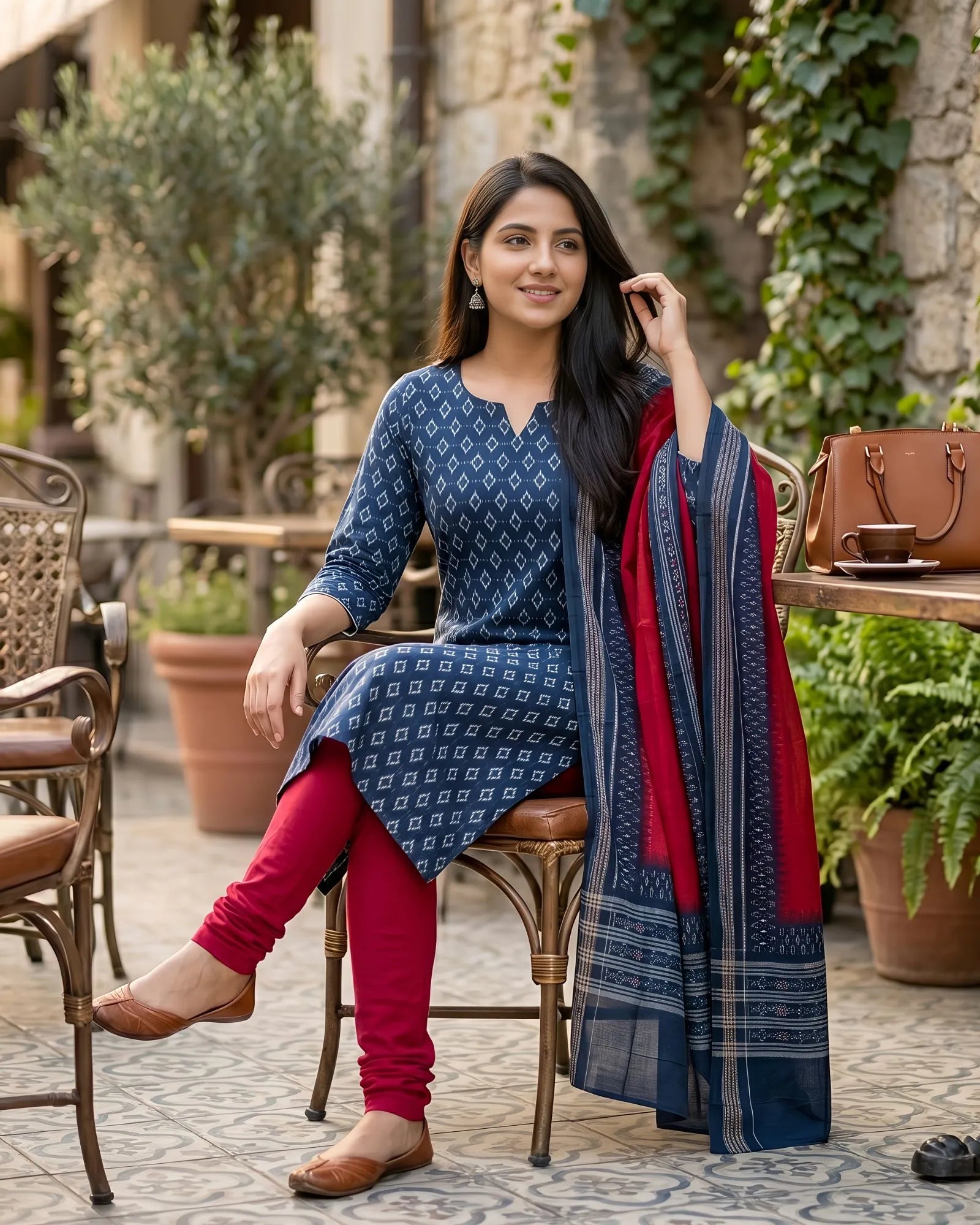 Sambalpuri Pure Cotton | Unstitched Dress Set (3 Pieces) - Red and Dark Teal