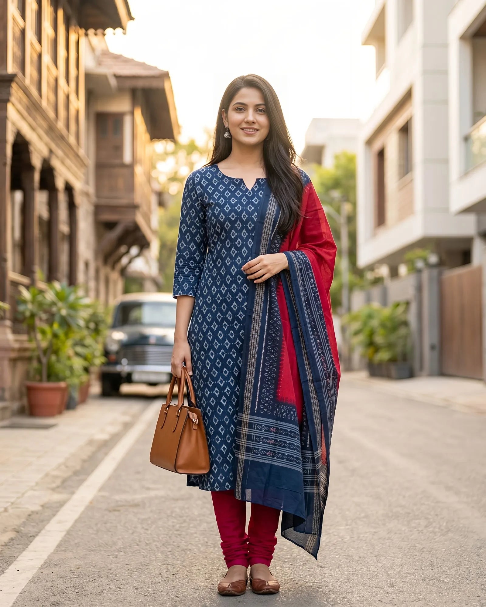 Sambalpuri Pure Cotton | Unstitched Dress Set (3 Pieces) - Red and Dark Teal