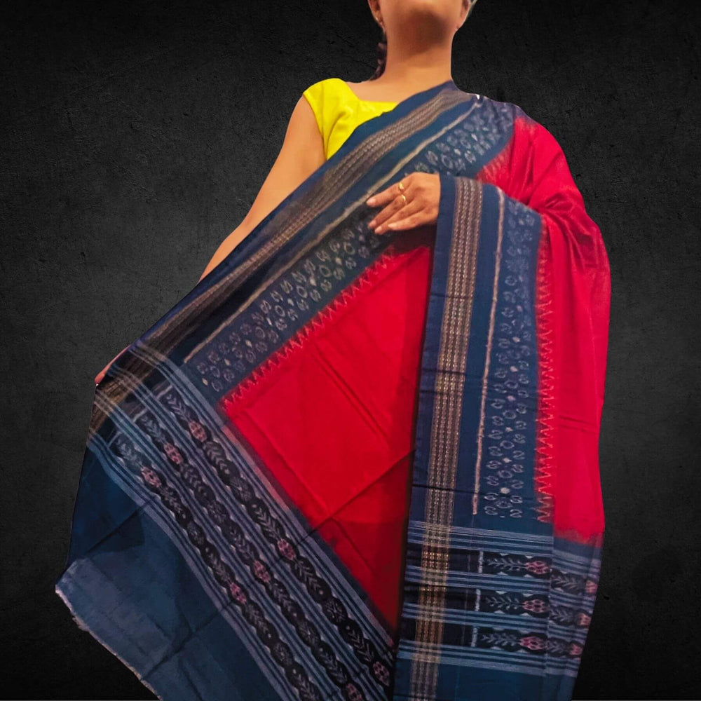 Sambalpuri Pure Cotton | Dress Set (3 Pieces) - Red and Dark Teal - Taalapatra