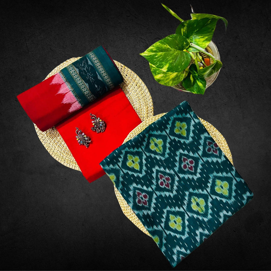 Sambalpuri Pure Cotton | Dress Set (3 Pieces) - Red and Dark Green - Taalapatra