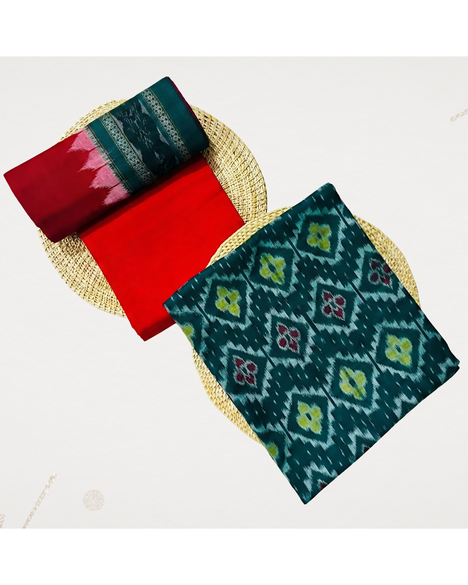 Sambalpuri Pure Cotton Dress Set (3 Pieces) - Red and Dark Green 