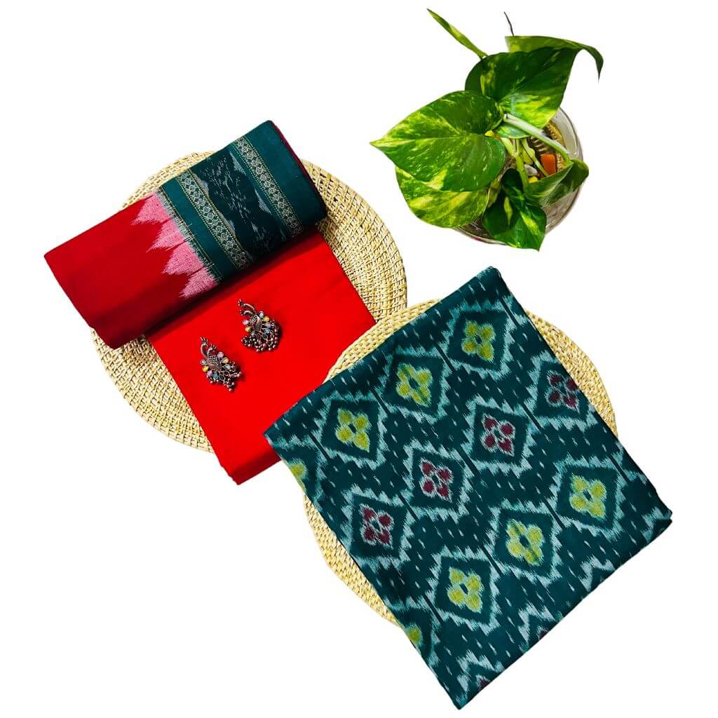 Sambalpuri Pure Cotton | Dress Set (3 Pieces) - Red and Dark Green - Taalapatra Vibes
