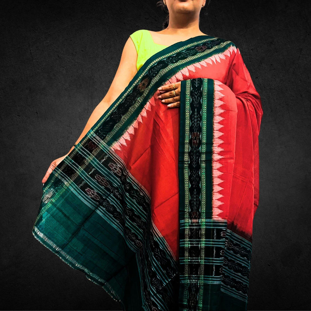 Sambalpuri Pure Cotton | Dress Set (3 Pieces) - Red and Dark Green - Taalapatra