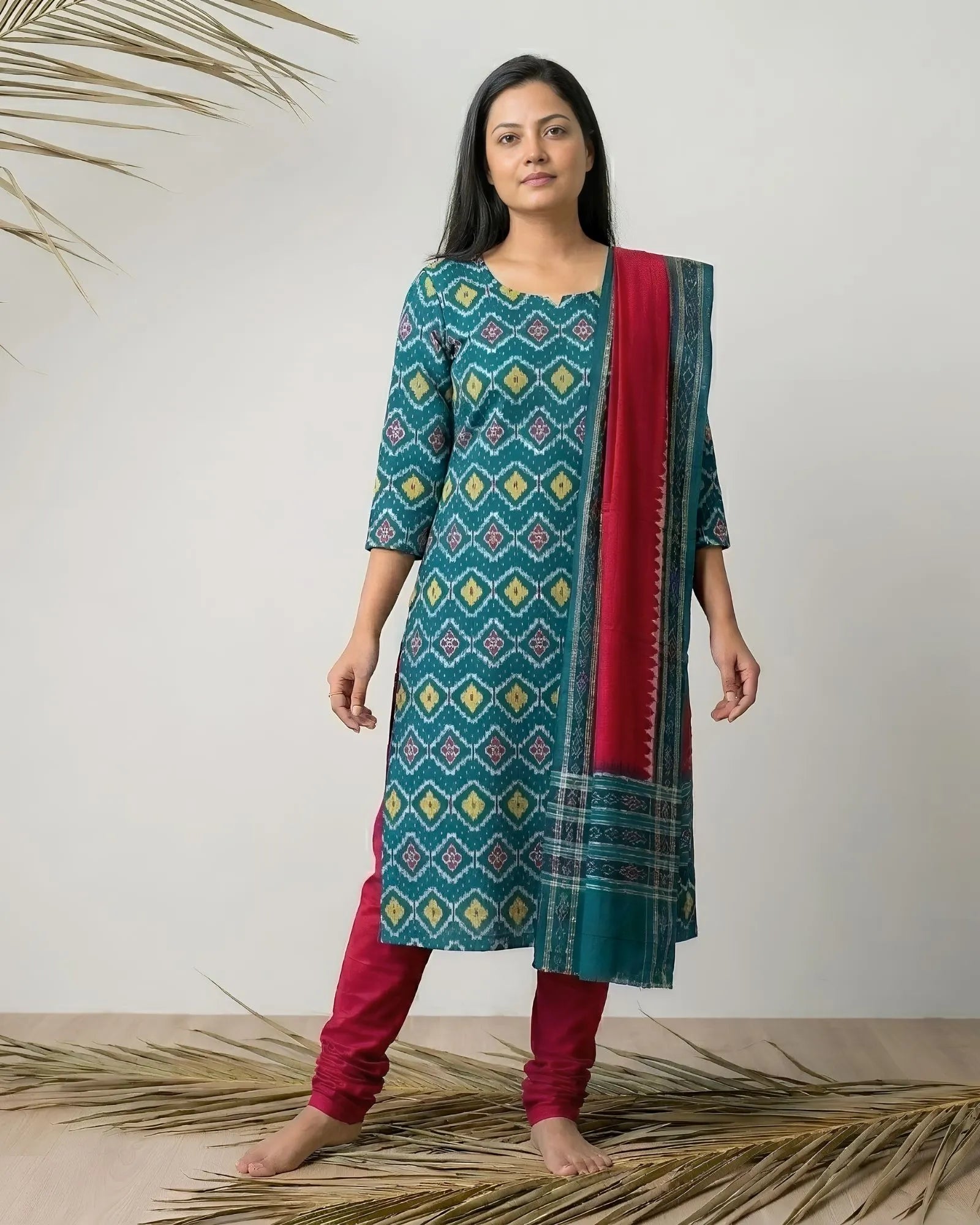 Sambalpuri Pure Cotton Dress Set (3 Pieces) - Red and Dark Green 