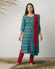 Sambalpuri Pure Cotton Dress Set (3 Pieces) - Red and Dark Green 