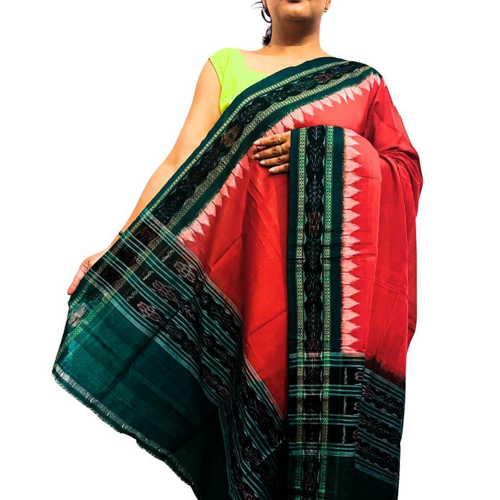 Sambalpuri Pure Cotton | Dress Set (3 Pieces) - Red and Dark Green - Taalapatra