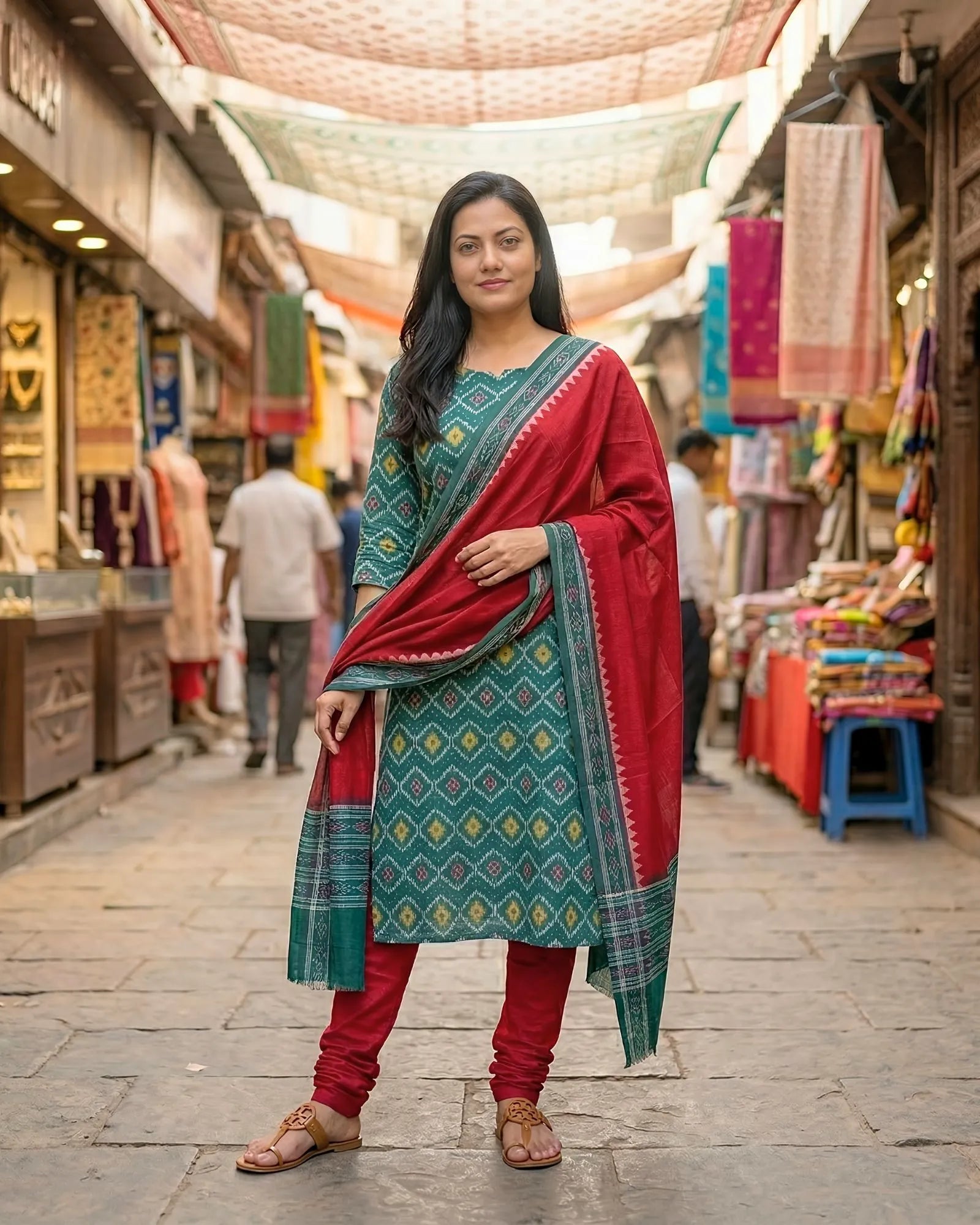 Sambalpuri Pure Cotton Dress Set (3 Pieces) - Red and Dark Green 
