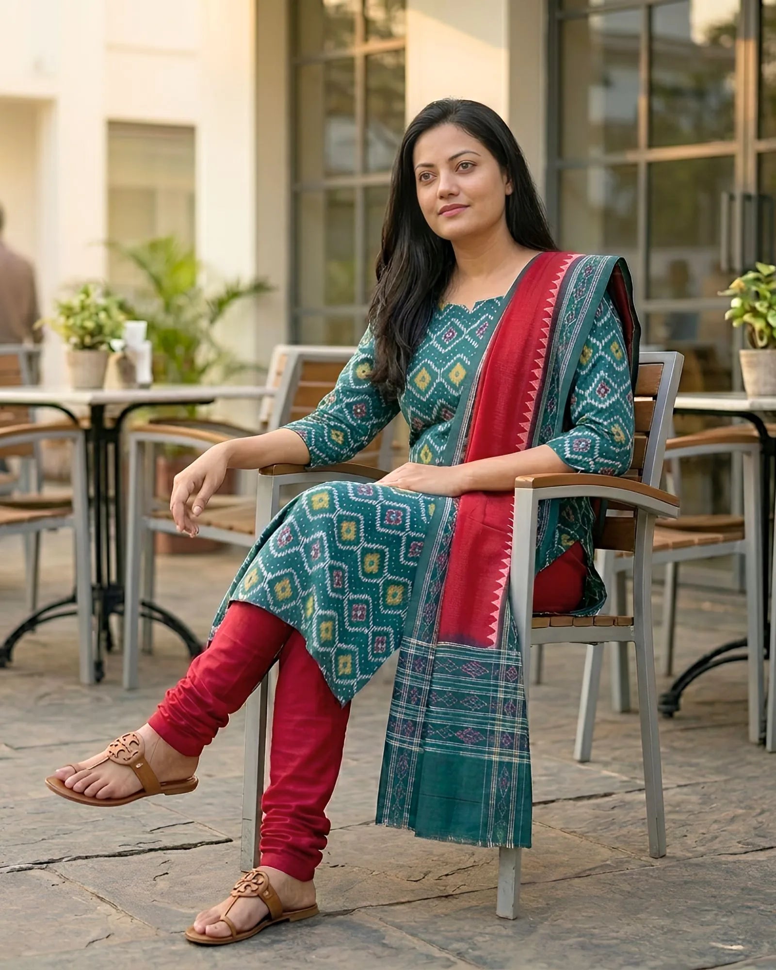 Sambalpuri Pure Cotton Dress Set (3 Pieces) - Red and Dark Green 