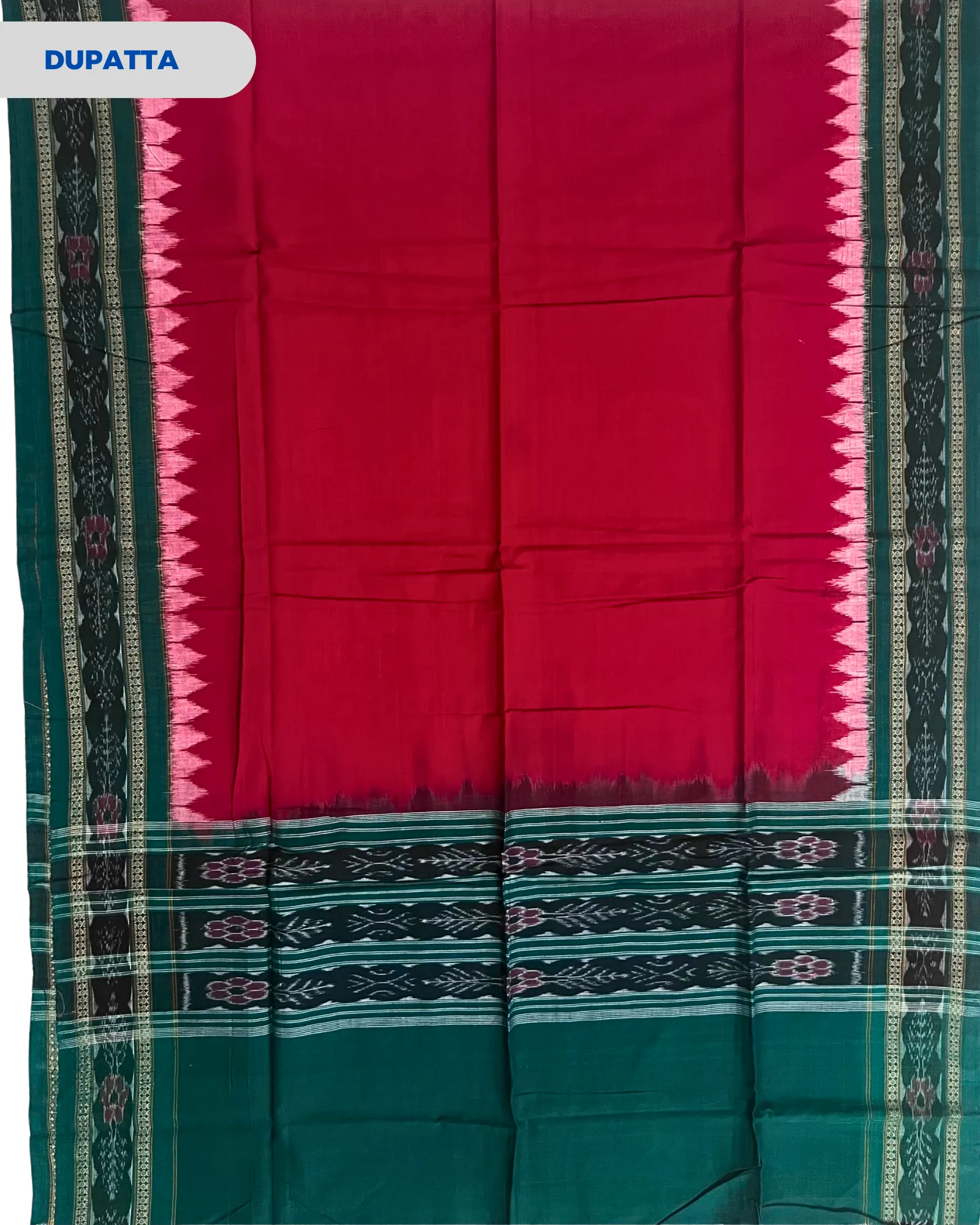 Sambalpuri Pure Cotton Dress Set (3 Pieces) - Red and Dark Green 