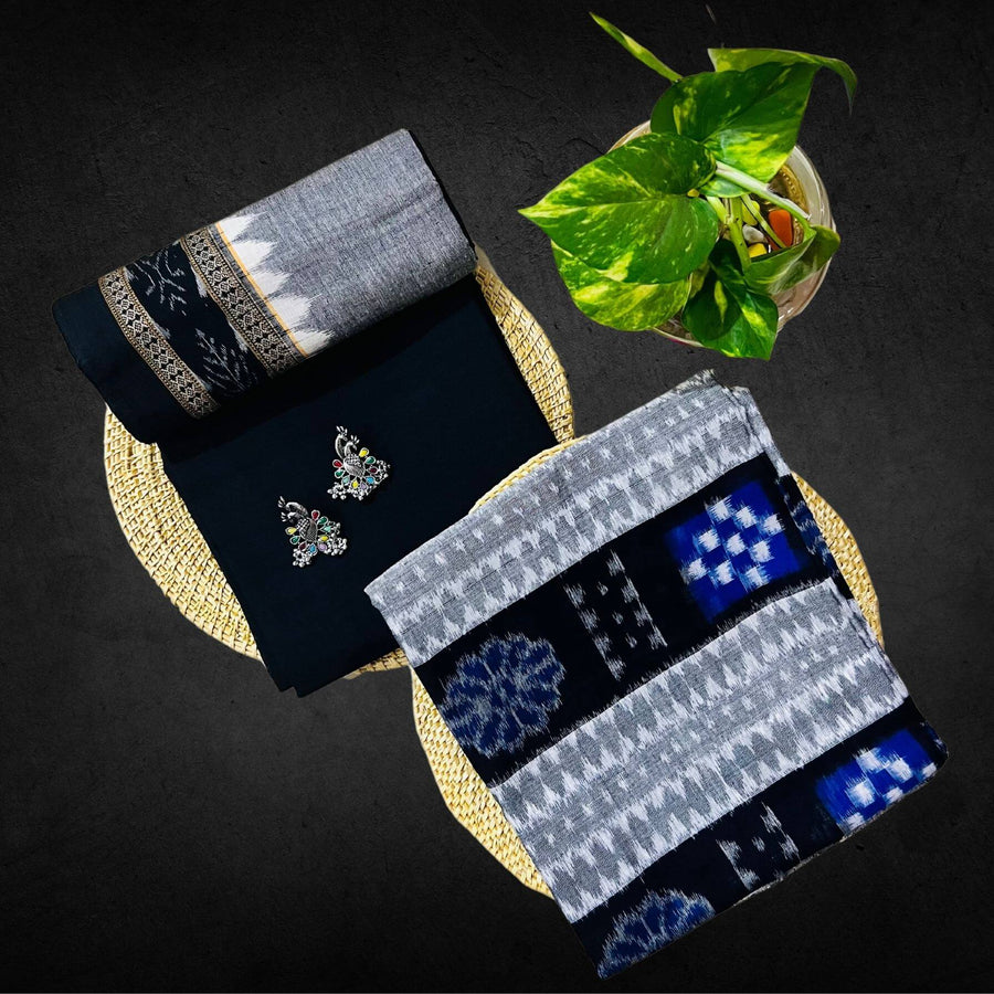 Sambalpuri Pure Cotton | Dress Set (3 Pieces) - Black and Grey - Taalapatra