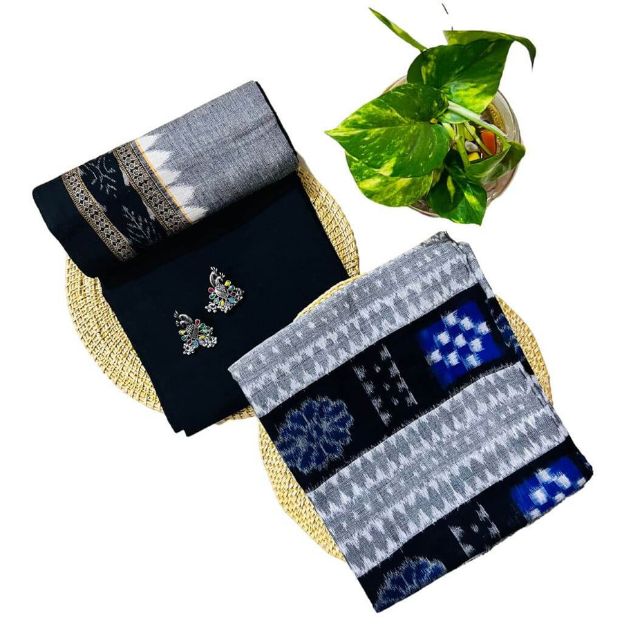 Sambalpuri Pure Cotton | Dress Set (3 Pieces) - Black and Grey - Taalapatra