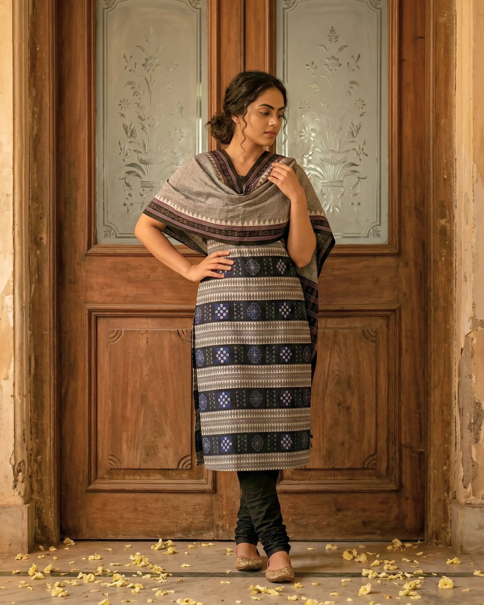 Sambalpuri Pure Cotton | Unstitched Dress Set (3 Pieces) - Black and Grey