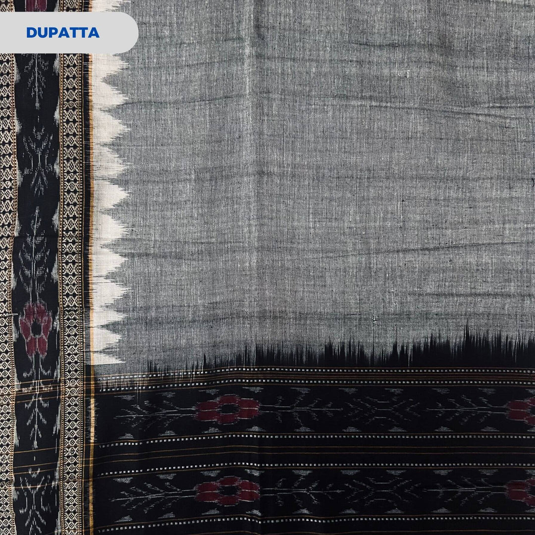 Sambalpuri Pure Cotton | Dress Set (3 Pieces) - Black and Grey - Taalapatra
