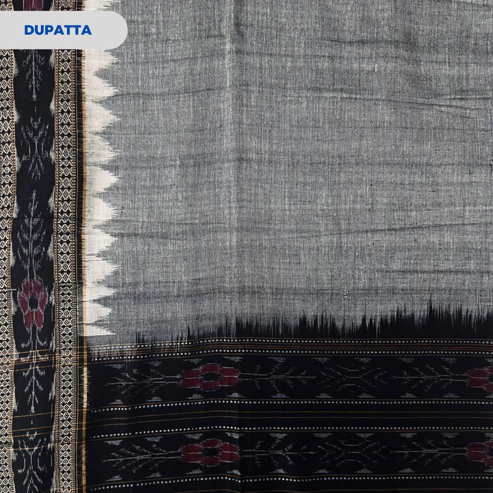 Sambalpuri Pure Cotton | Dress Set (3 Pieces) - Black and Grey - Taalapatra