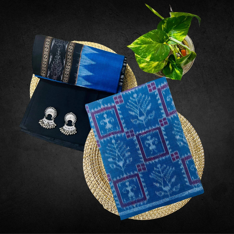 Sambalpuri Pure Cotton | Dress Set (3 Pieces) - Copper Sulphate and Black - Taalapatra