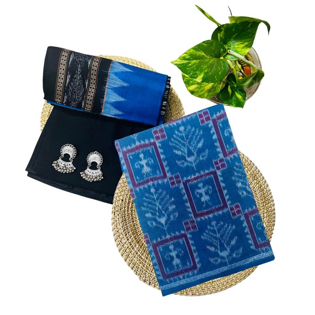 Sambalpuri Pure Cotton | Dress Set (3 Pieces) - Copper Sulphate and Black - Taalapatra Vibes