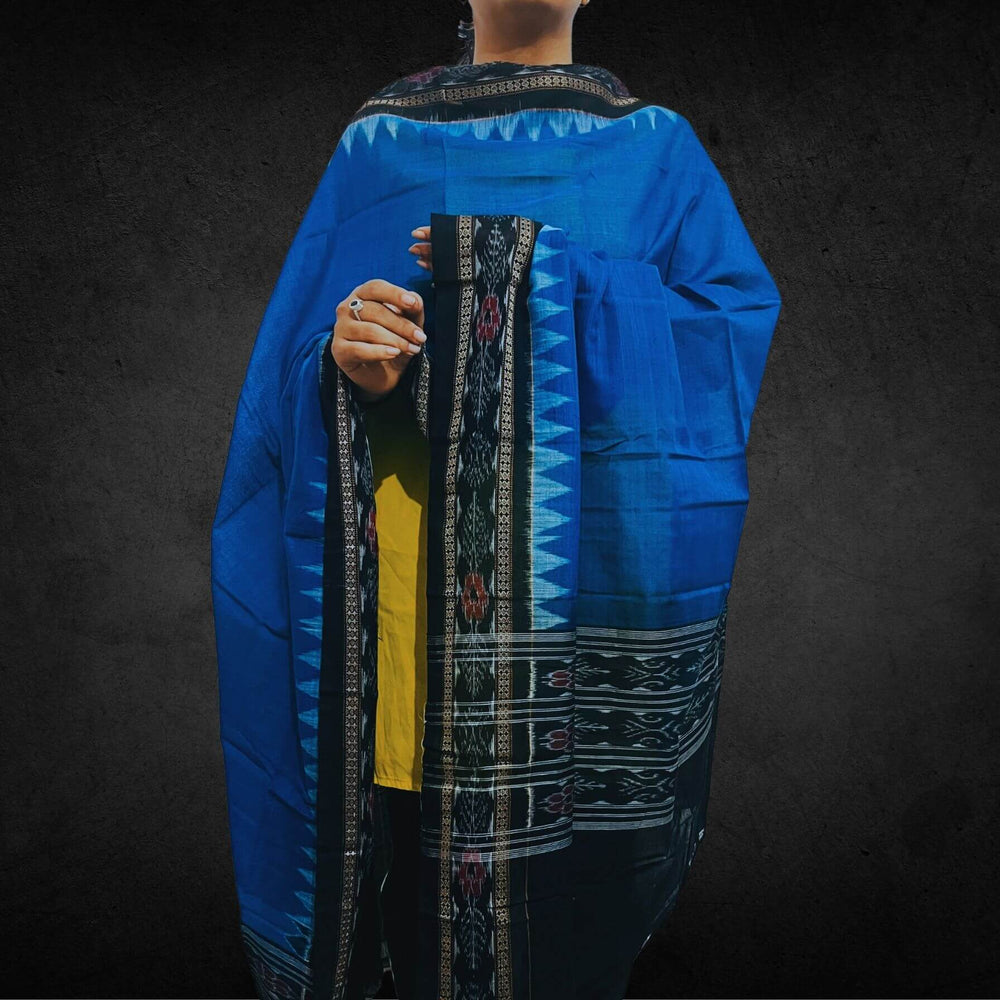 Sambalpuri Pure Cotton | Dress Set (3 Pieces) - Copper Sulphate and Black - Taalapatra
