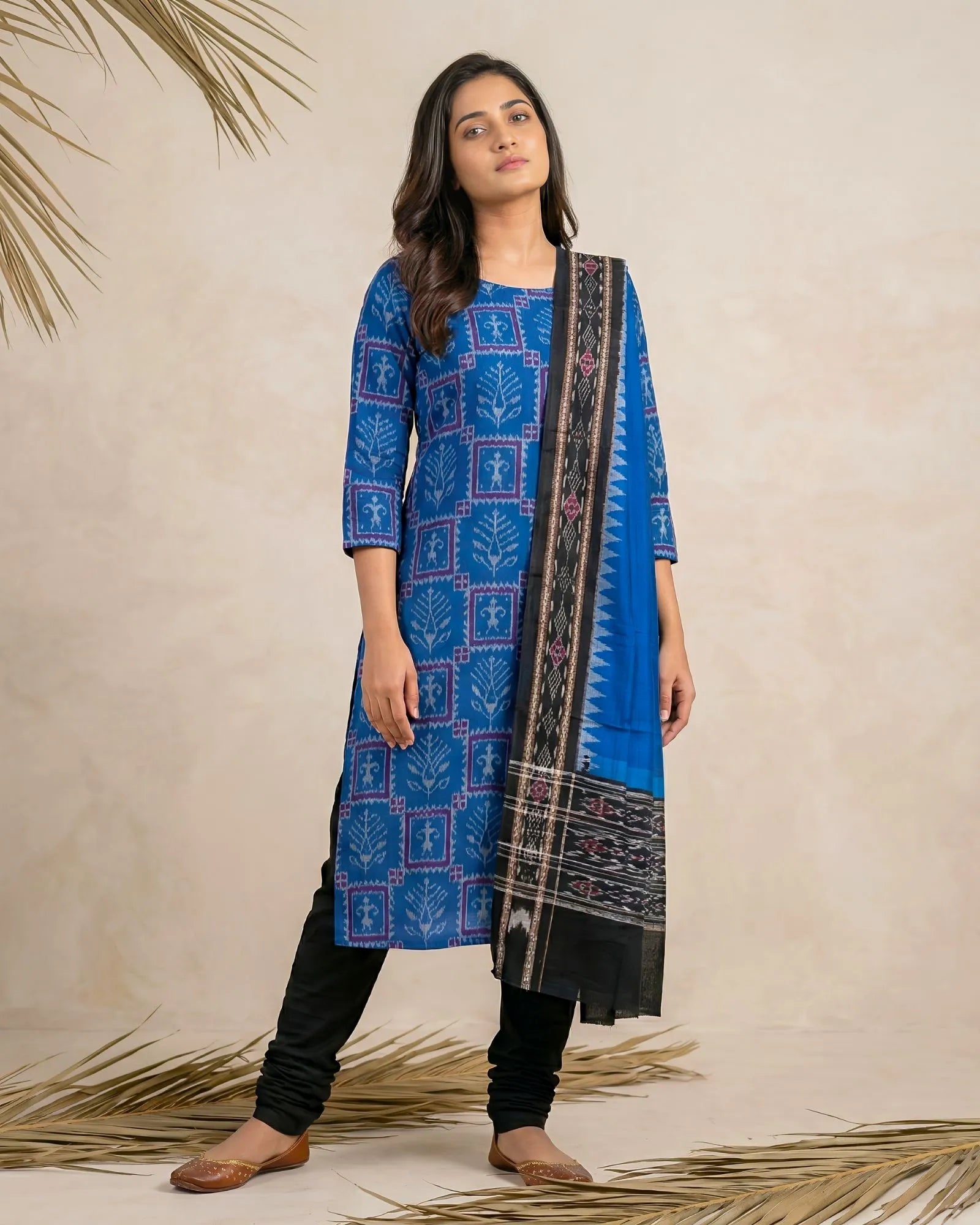 Sambalpuri Pure Cotton | Dress Set (3 Pieces) - Copper Sulphate and Black