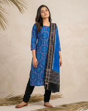 Sambalpuri Pure Cotton | Dress Set (3 Pieces) - Copper Sulphate and Black