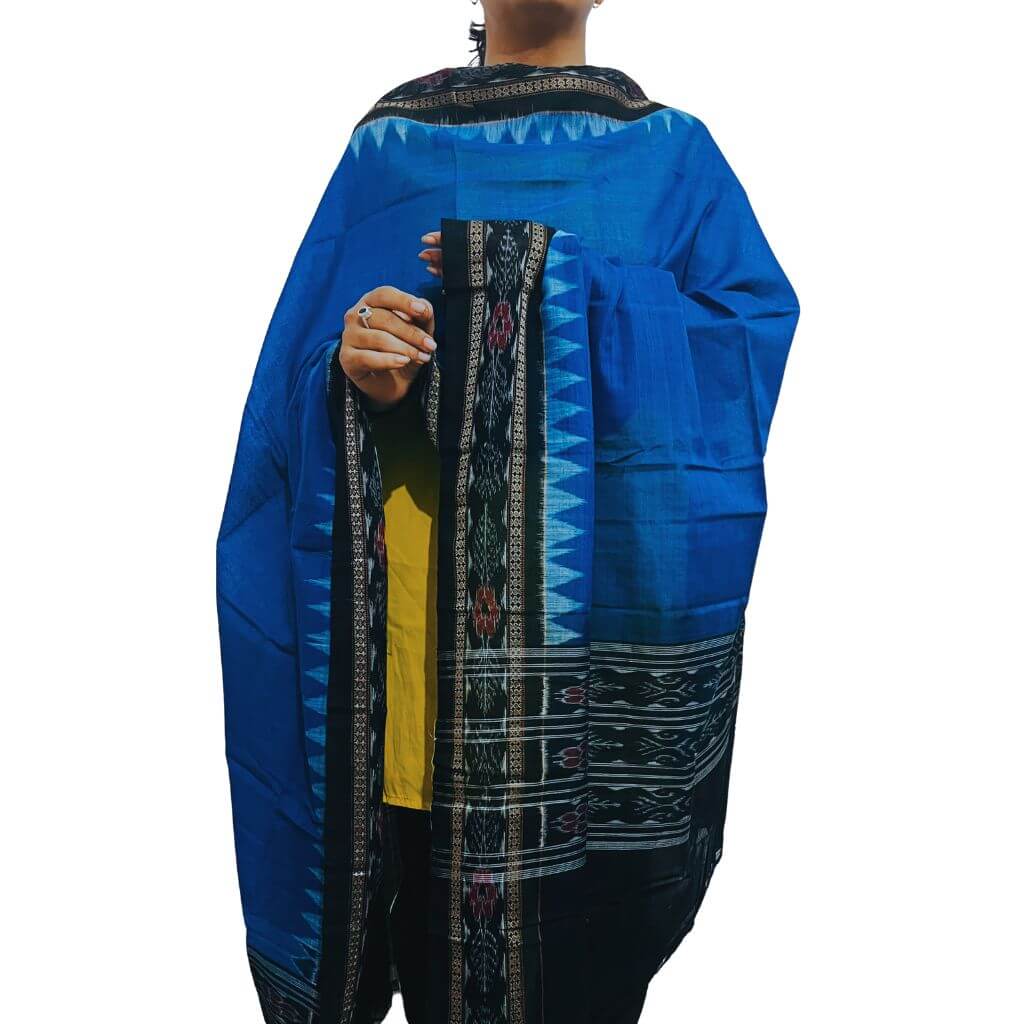 Sambalpuri Pure Cotton | Dress Set (3 Pieces) - Copper Sulphate and Black - Taalapatra Vibes