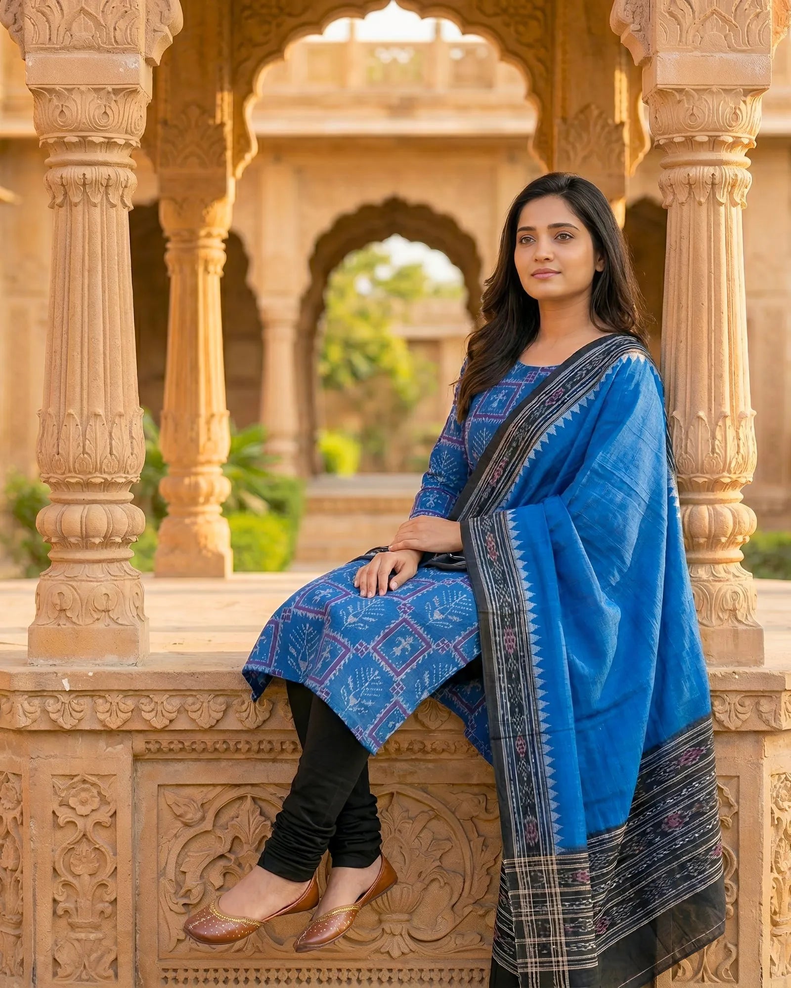 Sambalpuri Pure Cotton | Dress Set (3 Pieces) - Copper Sulphate and Black